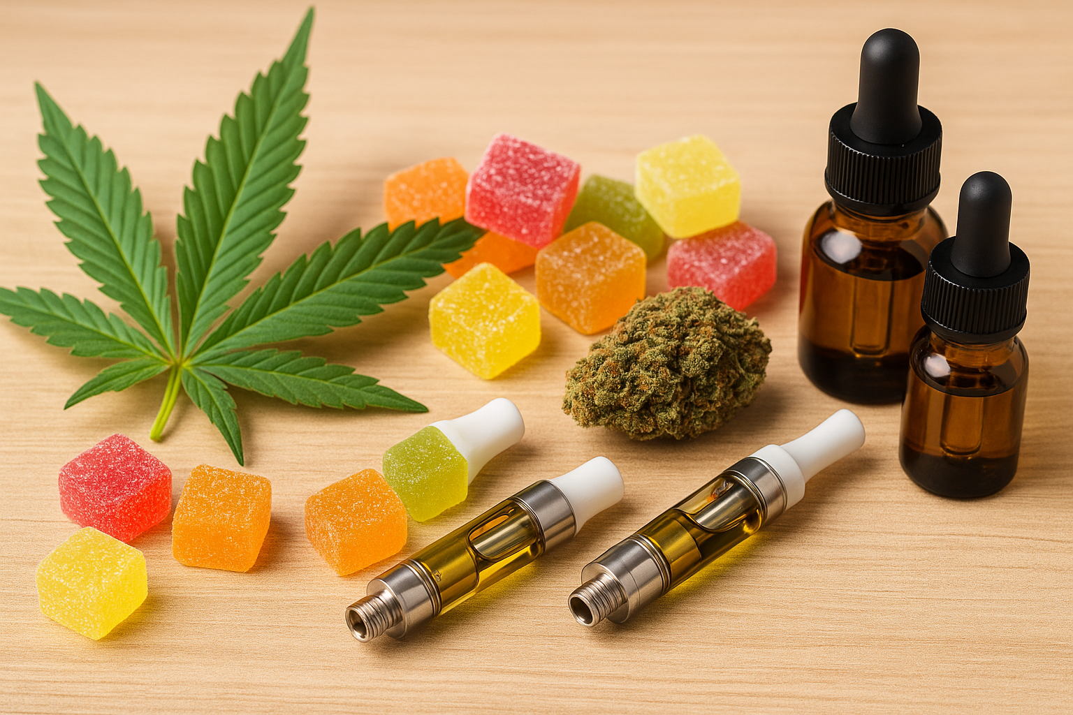 CBD and THC gummies, flower, tinctures, and vape cartridges on display