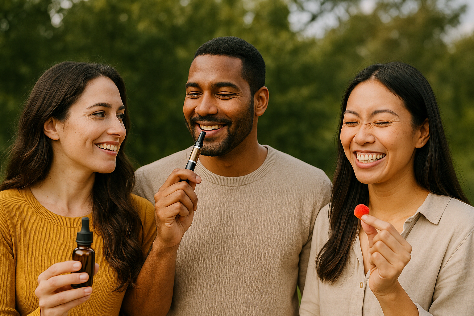 Diverse group of adults smiling while enjoying hemp-derived products